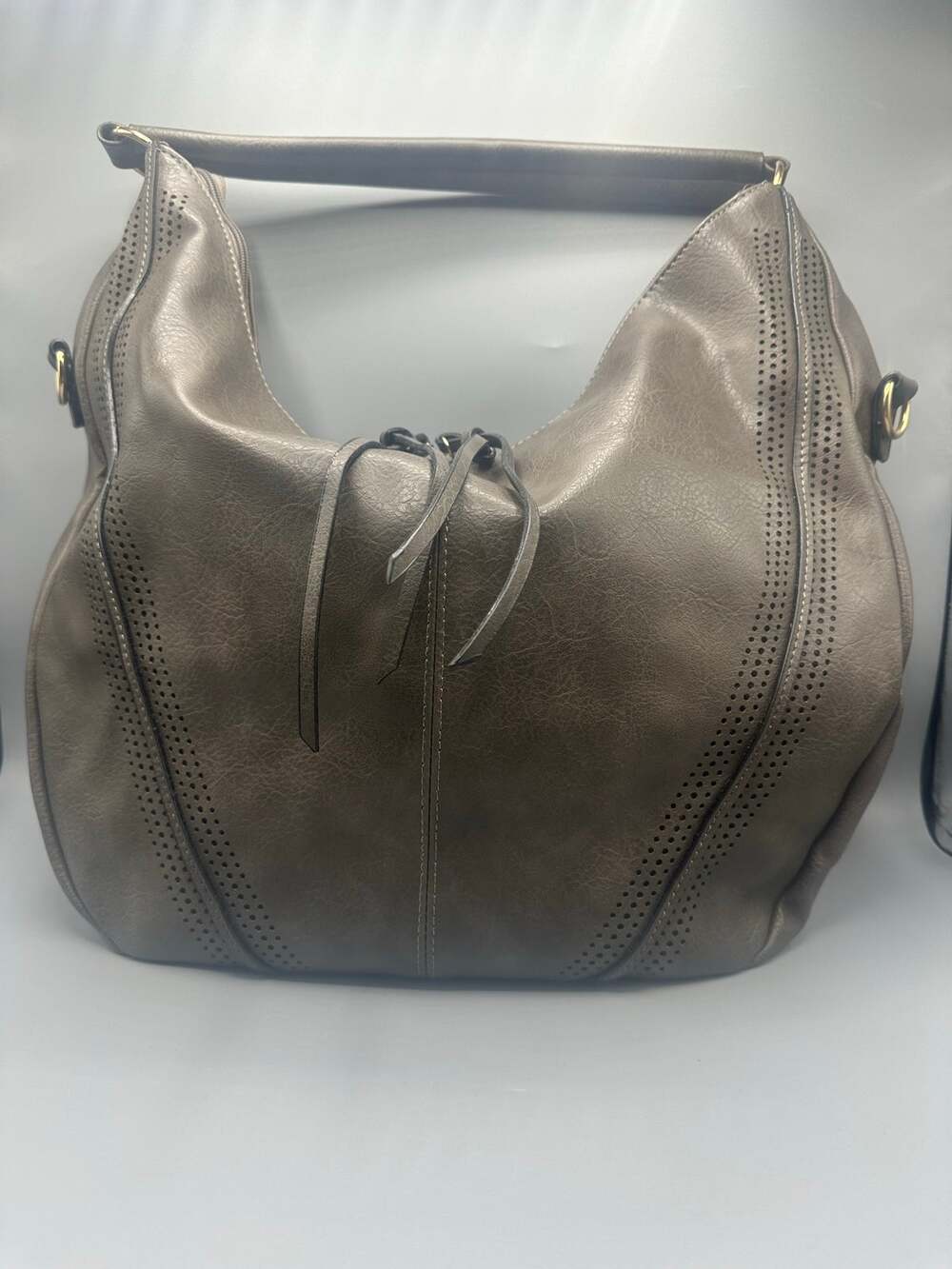 ✨ Boutique Grey-Green Slouchy Perforated Hobo Crossbody Bag (17”x13”) ✨